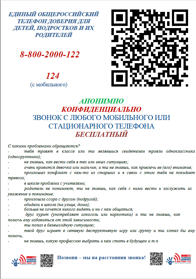 ЕДИНЫЙ ОБЩЕРОССИЙСКИЙ ТЕЛЕФОН ДОВЕРИЯ ДЛЯ ДЕТЕЙ, ПОДРОСТКОВ И ИХРОДИТЕЛЕЙ